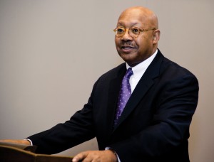 Alphonso Jackson (’68, ’69) speaks at a dedication ceremony in Pickler Memorial Library in February 2013.