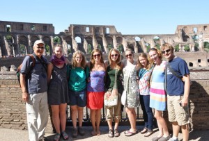 Mark Appold, far left, with students, pictured from left to right, Jordyn Williams, Samantha Wickam, Grace Curtright, Sierra Horton, Jane Rademacher, Katie Shannon, Caitlin McGrath and Brandon Bolte at the Roman Coliseum. 