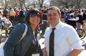 Corey Owens (’06) and fellow Truman graduate Sarah Saheb (’06) at a labor rights rally in Washington, D.C.
