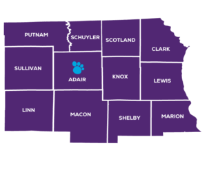 Map of Adair and surrounding counties, including Putnam, Schuyler, Scotland, CLark, Knox, Lewis, Marion, Shelby, Macon, Linn, and Sullivan
