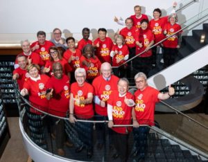 Rotary International members on staircase